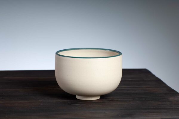 front view of bowl with teal rim