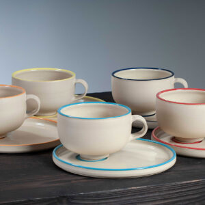 range view of cappuccino cup and saucer