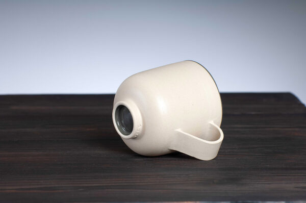 bottom view of stoneware mug with grey rim